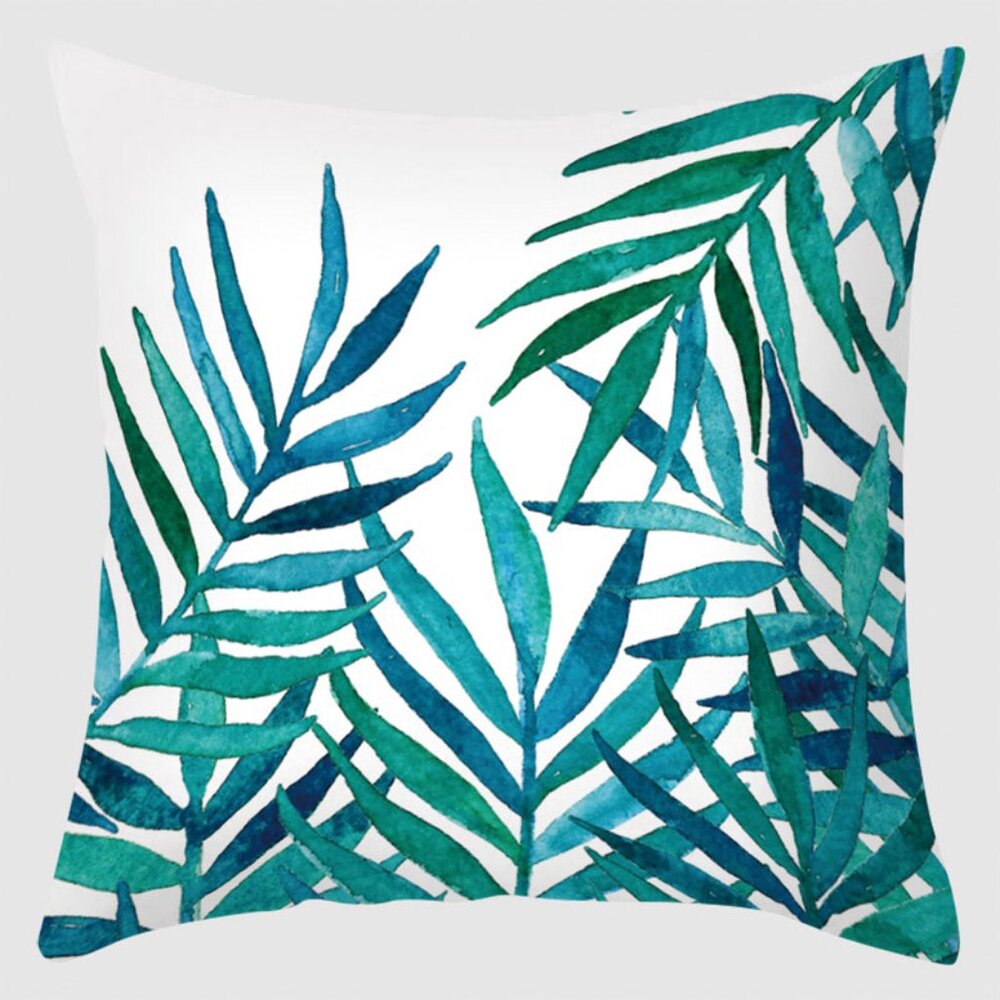 Blue Green Palm Leaves Pillow Cover